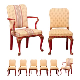 Vintage Dining Chairs With Hand Painted Chinoiserie in Red and Gold - Set of 8 For Sale