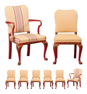 Vintage Dining Chairs With Hand Painted Chinoiserie in Red and Gold - Set of 8