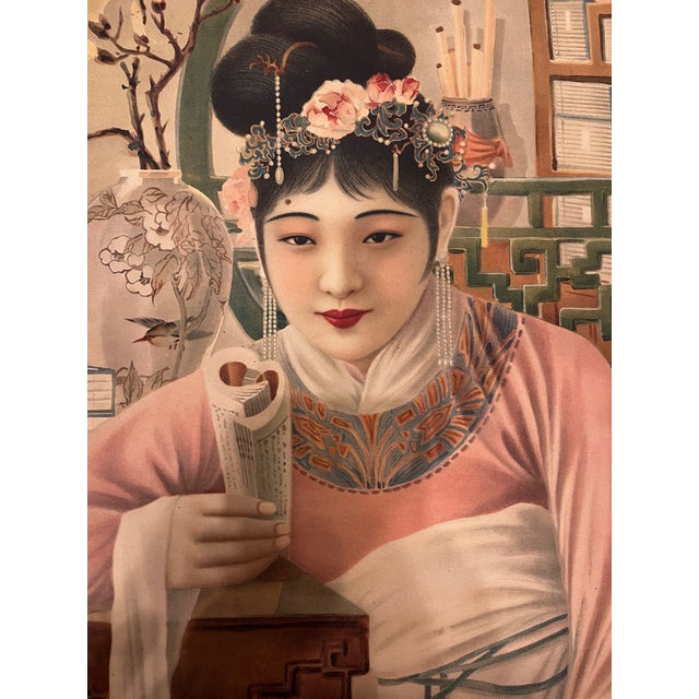 FFor sale is an authentic 1930s Chinese Republic Era advertising poster featuring a stunning "Calendar Girl" in...