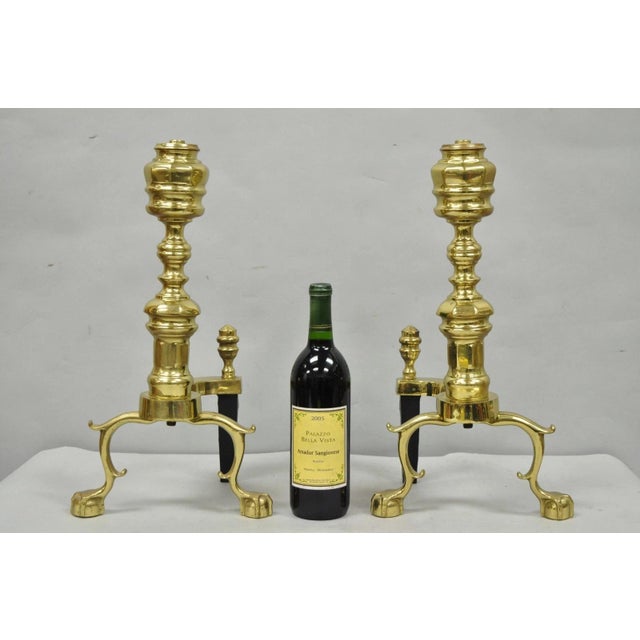 The Harvin Co. Vintage Brass Federal Style Branch Foot Fireplace Andirons - a Pair. Circa Late 20th Century. Measurements:...