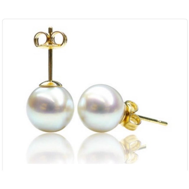 Modern 8 MM White Akoya Aaa Pearl Stud Earrings 14 K Yellow Gold For Sale - Image 3 of 8