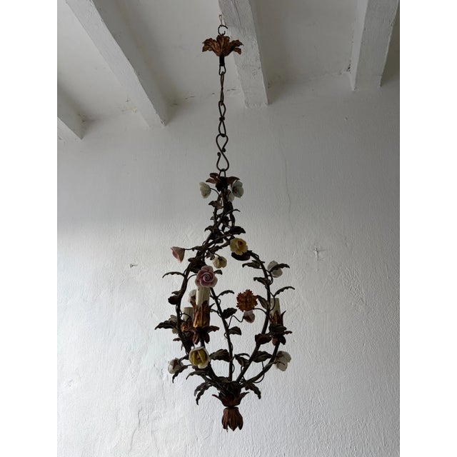 Metal Italian Petit Tole With Porcelain Flowers Polychrome Chandelier, C. 1870 For Sale - Image 7 of 13