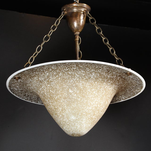 Art Deco Art Deco Basin Form Acid Etched Green Gold & White Glass Pendant Signed Daum For Sale - Image 3 of 16