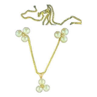 Tripod Pearl Earring With Matching Pendant & 14 Karat Yellow Gold Chain Set For Sale