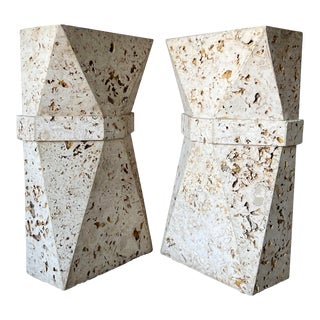 80's Postmodern Brutalist Geometric Coquina Stone Dining Table Bases - a Pair. For Sale