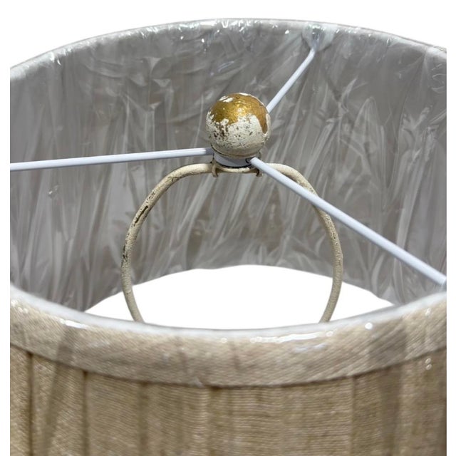 French Style Painted Floral Tole Lamps W/ Linen Pleated Shades Like New - Pair For Sale - Image 4 of 5