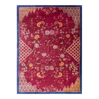 1920s Red Floral Modern Antique Chinese Art Deco Rug 10'x 13' 6" Handknotted Wool Carpet For Sale