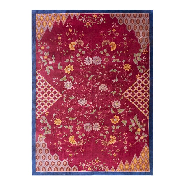 1920s Red Floral Modern Antique Chinese Art Deco Rug 10'x 13' 6" Handknotted Wool Carpet For Sale