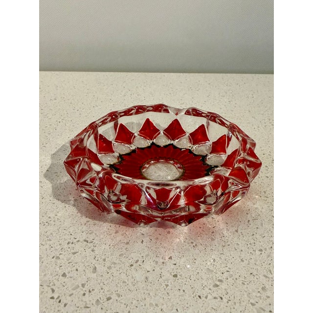 Vintage French Ruby Red & Clear Art Glass Ashtray With Dark Green Accent Detailing For Sale - Image 4 of 9