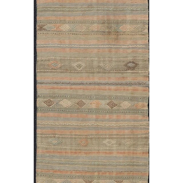 Traditional Mid 20th Century Geometric Embroidered Vintage Turkish Flat-Weave Runner in Warm Tones For Sale - Image 3 of 12