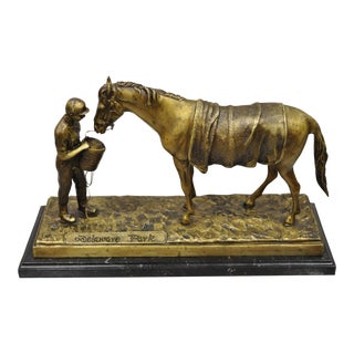 Delaware Park Bronze Equestrian Rider Jockey Feeding Race Horse 13" Statue For Sale