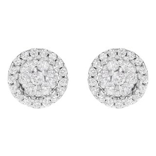 14K White Gold 1/2 Cttw Brilliant-Cut Diamond Halo-Style Cluster Round Button Stud Earrings, A Pair For Sale
