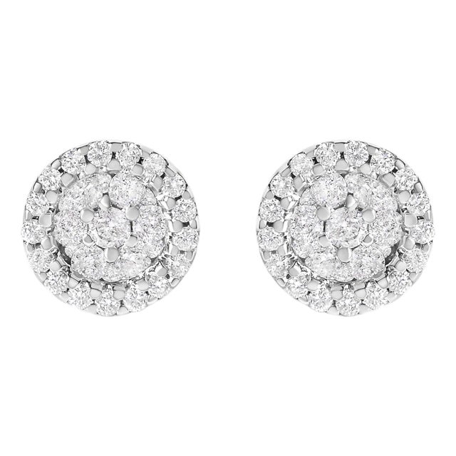 14K White Gold 1/2 Cttw Brilliant-Cut Diamond Halo-Style Cluster Round Button Stud Earrings, A Pair For Sale