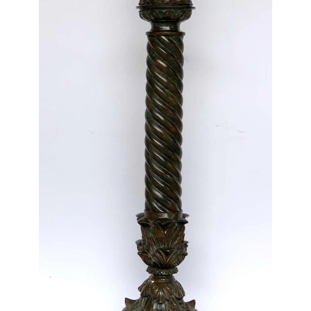 Grand Tour style bronze and marble column floor lamp, after the Roman model, finely cast twisted column raised on a paw...