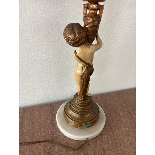 Antique Neoclassical Figural Candelabra Table Lamp, Featuring a Cherub or Putti Figurine Holding a Candelabra, on a Marble Base For Sale - Image 10 of 12