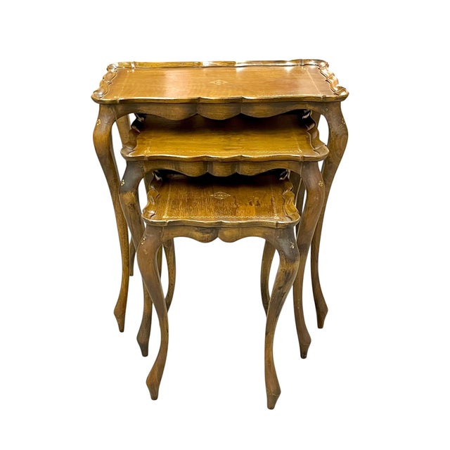 Florentine Vintage Franco Tacchi Florentine Italian Wood Set of 3 Nesting Tables For Sale - Image 4 of 17