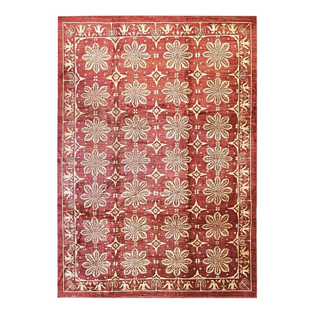 8x11 Red Ivory Floral Lattice Hand-Knotted Wool Rug For Sale