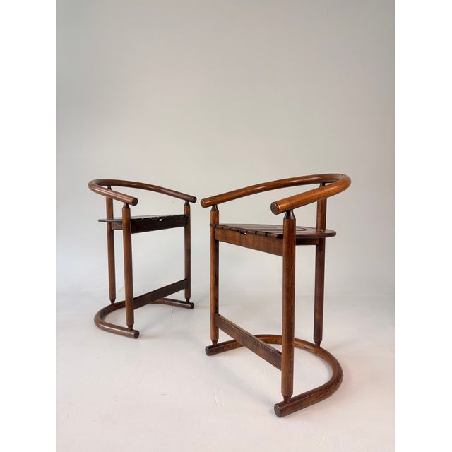 1980s Postmodern Allmilmö Bentwood & Slatted Wood Counter Stools - Set of 4 For Sale - Image 4 of 11