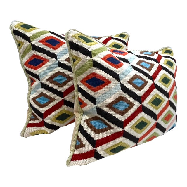Geo Patterned Needlepoint Pillows with Braided Trim - Down/Feather Inserts- a Pair For Sale
