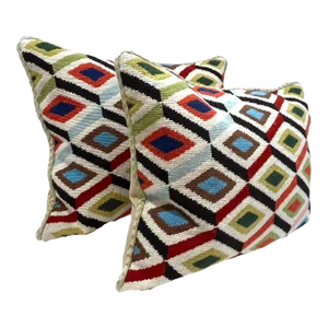 Geo Patterned Needlepoint Pillows with Braided Trim - Down/Feather Inserts- a Pair