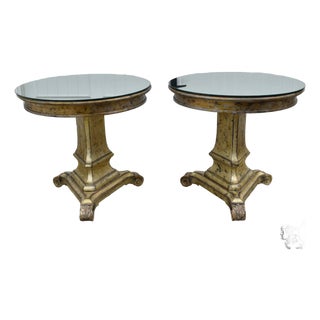 Vtg. Pair Italian Regency Style Carved Wood Pedestal End Tables W/Mirrored Tops For Sale