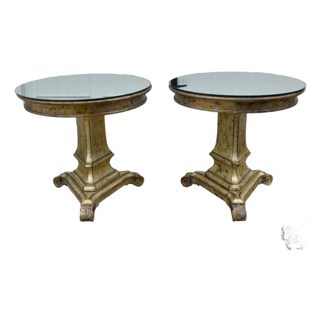 Vtg. Pair Italian Regency Style Carved Wood Pedestal End Tables W/Mirrored Tops For Sale