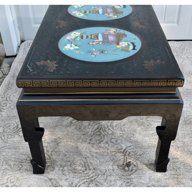 Metal Wood Coffee Table Painted Black Lacquer Chinese Cloisonne Enamel Panels 36" For Sale - Image 7 of 12