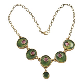 Gilded Bronze Choker Necklace with Green and Purple Enamel For Sale