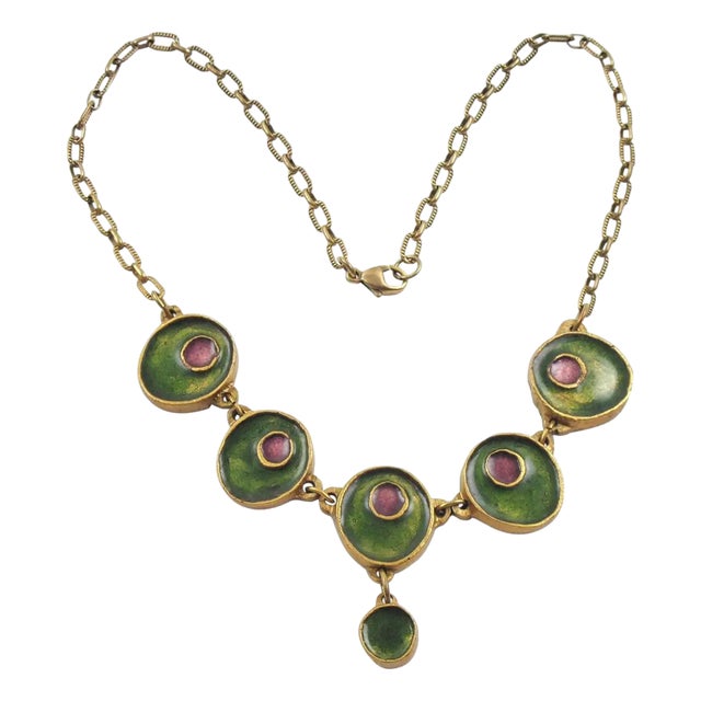 Gilded Bronze Choker Necklace with Green and Purple Enamel For Sale