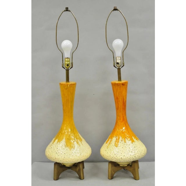 Vintage Mid Century Modern Orange Drip Glazed Ceramic Table Lamps - A Pair For Sale - Image 12 of 12