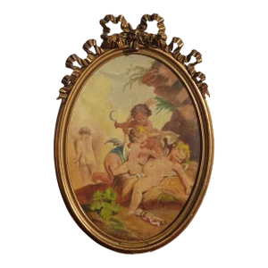 Original 19th Century Oil Painting Picture Amour Moissonneur D Apres Francois Boucher