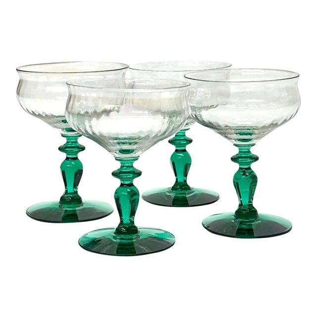 Emerald Stemmed Vintage Champagne Coupes - Set of 4 For Sale