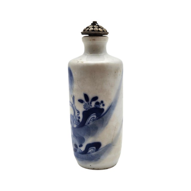 Ceramic Vintage Chinese Blue & White Porcelain Snuff Bottle With Stopper Spoon (3.375") For Sale - Image 7 of 14