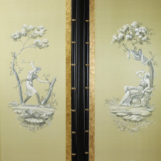 Vintage Neoclassical Four-Panel Folding Screen – Hand-Painted Silk With Faux Bamboo Frame For Sale - Image 13 of 15