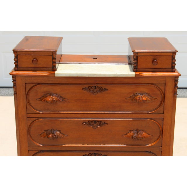 Exceptional 19th Century Renaissance Revival Walnut & Marble Drop-Center Dresser For Sale - Image 10 of 18