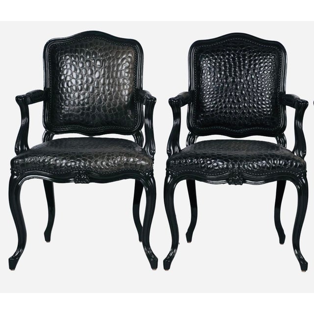Black Faux Crocodile & Glossy Black Louis XV Style Armchairs — A Pair French-inspired curves meet bold crocodile texture...