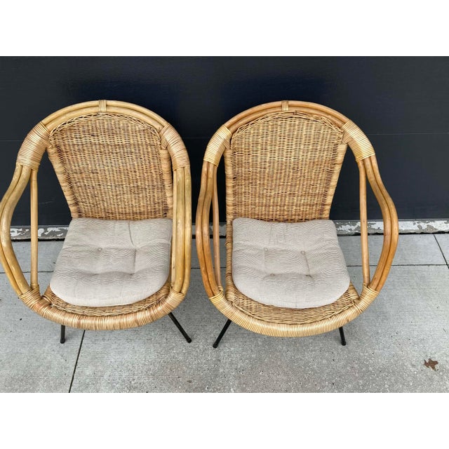 Mid-Century Modern Mid-Century Modern Rattan & Wrought Iron Basket Hoop Chairs (Pair) For Sale - Image 3 of 15