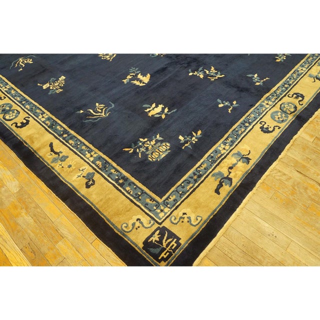 1930s Navy Floral Deco Antique Chinese Peking Knotted Wool Rug 8'2" X 9'8" For Sale - Image 11 of 12