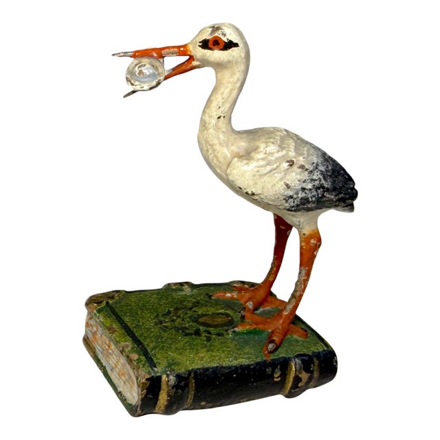 Antique 19th Century Cold Painted Austrian Vienna Bronze Stork Crane Baby Statue For Sale