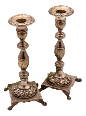 Silver Candlesticks with Turned and Engraved Stems, Set of 2