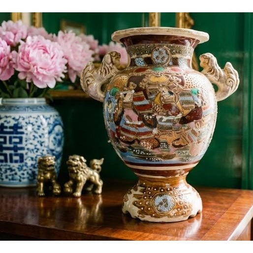 Antique Japanese Satsuma Moriage Vase With Samurai Scene & Figural Handles – 14” For Sale - Image 4 of 18