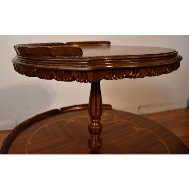 1920 Antique French Louis XV Walnut Inlaid 2 Tier Side End Table / Serving Table For Sale - Image 6 of 12