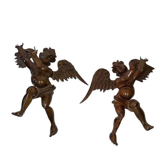 Brown Early 20th Century Italian Carved Wooden Angels - a Pair For Sale - Image 8 of 9