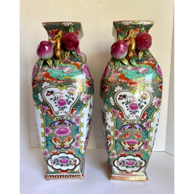 Pair of Chinese Porcelain Hand-Painted Famille Rose Vases With Plum Fruit Handles For Sale - Image 4 of 12