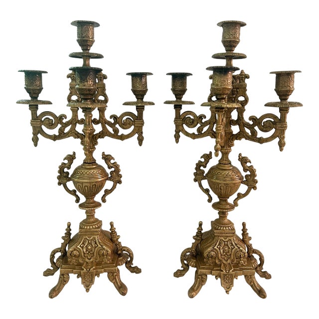 1930’s - 1950’s Pair of Continental Rococo Revival Griffin Handle Candelabra in Aged Gilt Metal For Sale