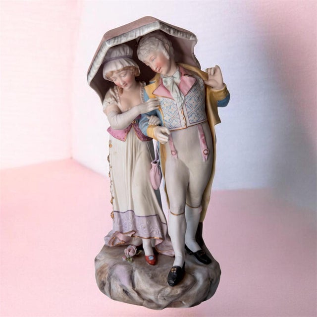 18th-Century Courting Couple Sharing a Parasol Under Pastel-Colored Period Attire. Glazed and Matte Porcelain Figurine For Sale - Image 15 of 15