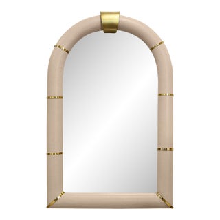 Matthew Izzo Home Bowie Arched Faux Ivory Textured Leather Mirror With Antique Brass Details For Sale