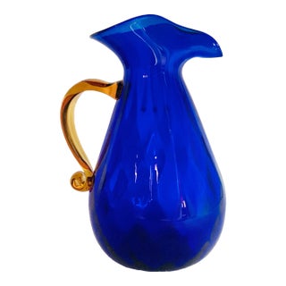 2008 Winslow Anderson for Blenko Cobalt Diamond Optic Glass Pitcher With Applied Topaz Handle #9529 For Sale