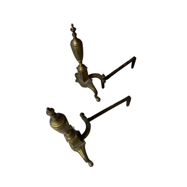 Traditional Pair of VIntage Brass Andirons in Regency Revival Style For Sale - Image 3 of 11
