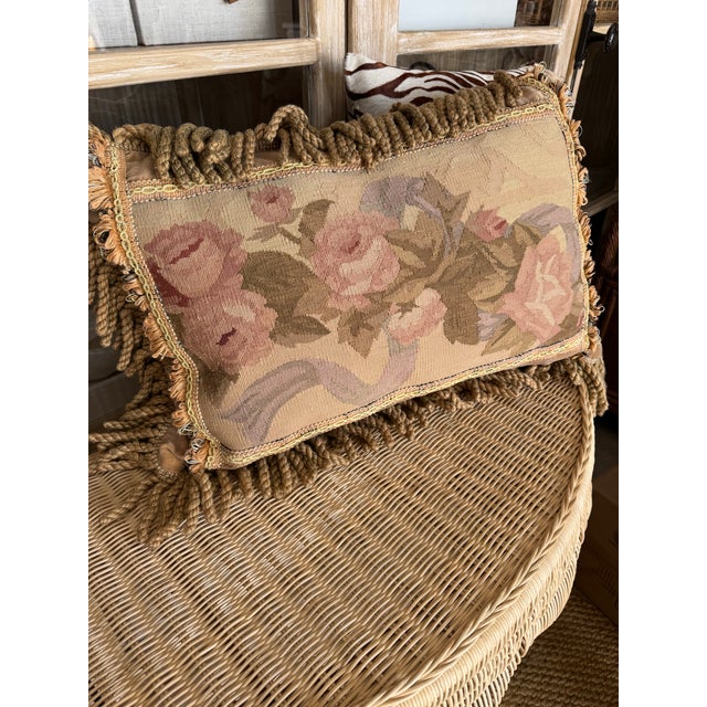 1900 - 1909 Aubusson Fringed Decorative Pillow For Sale - Image 5 of 8